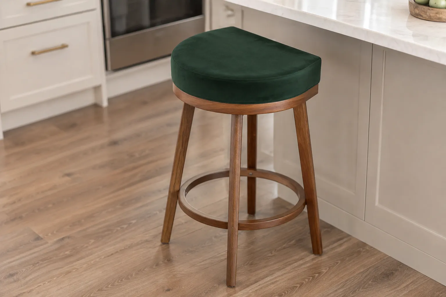 Custom D-shaped counter stool cushion — straight edge toward the counter, rounded front arc, loose on the half-round stool seat