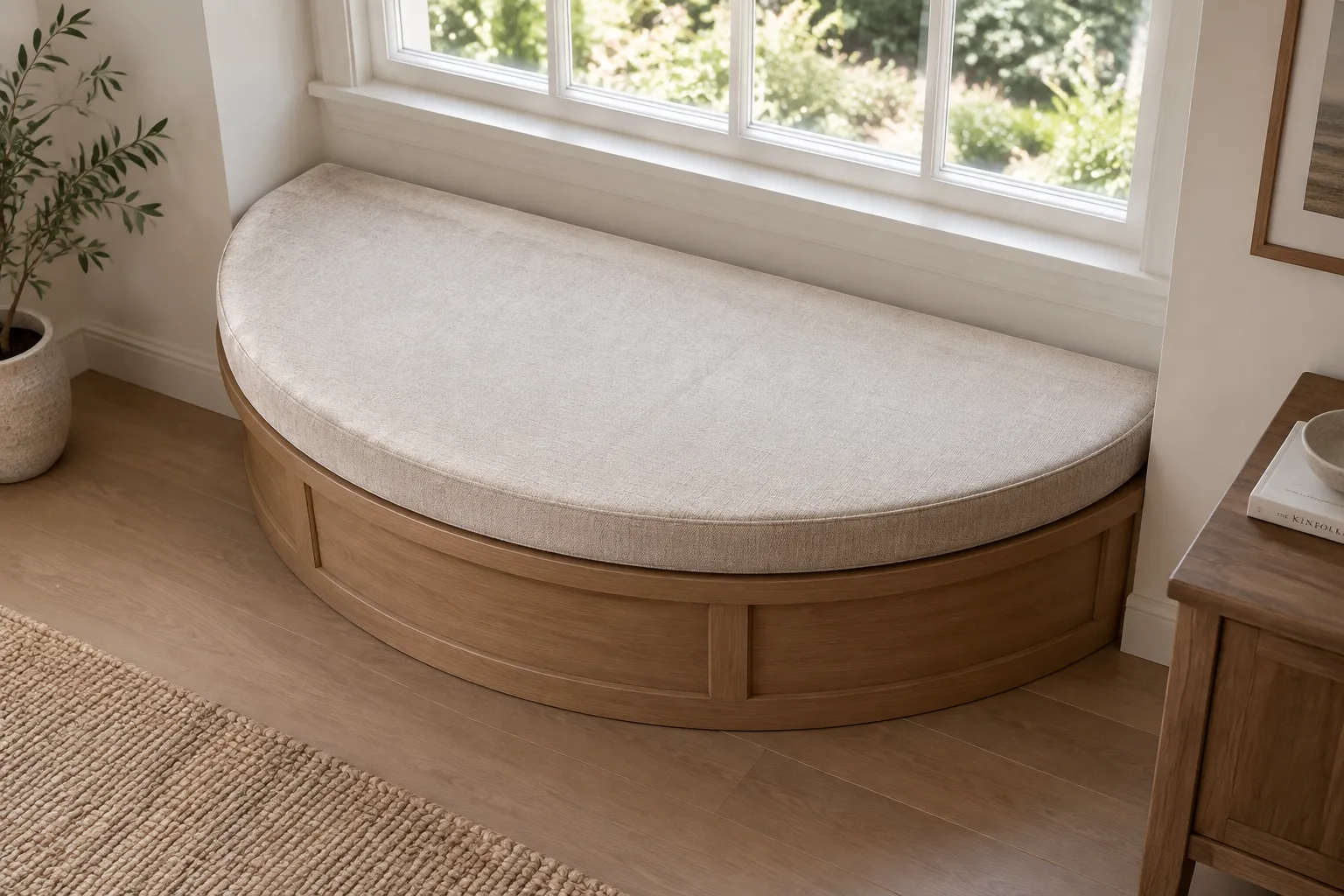 Custom D-shaped window seat cushion — flat straight edge against the wall, semicircular front arc, knife-edge seams