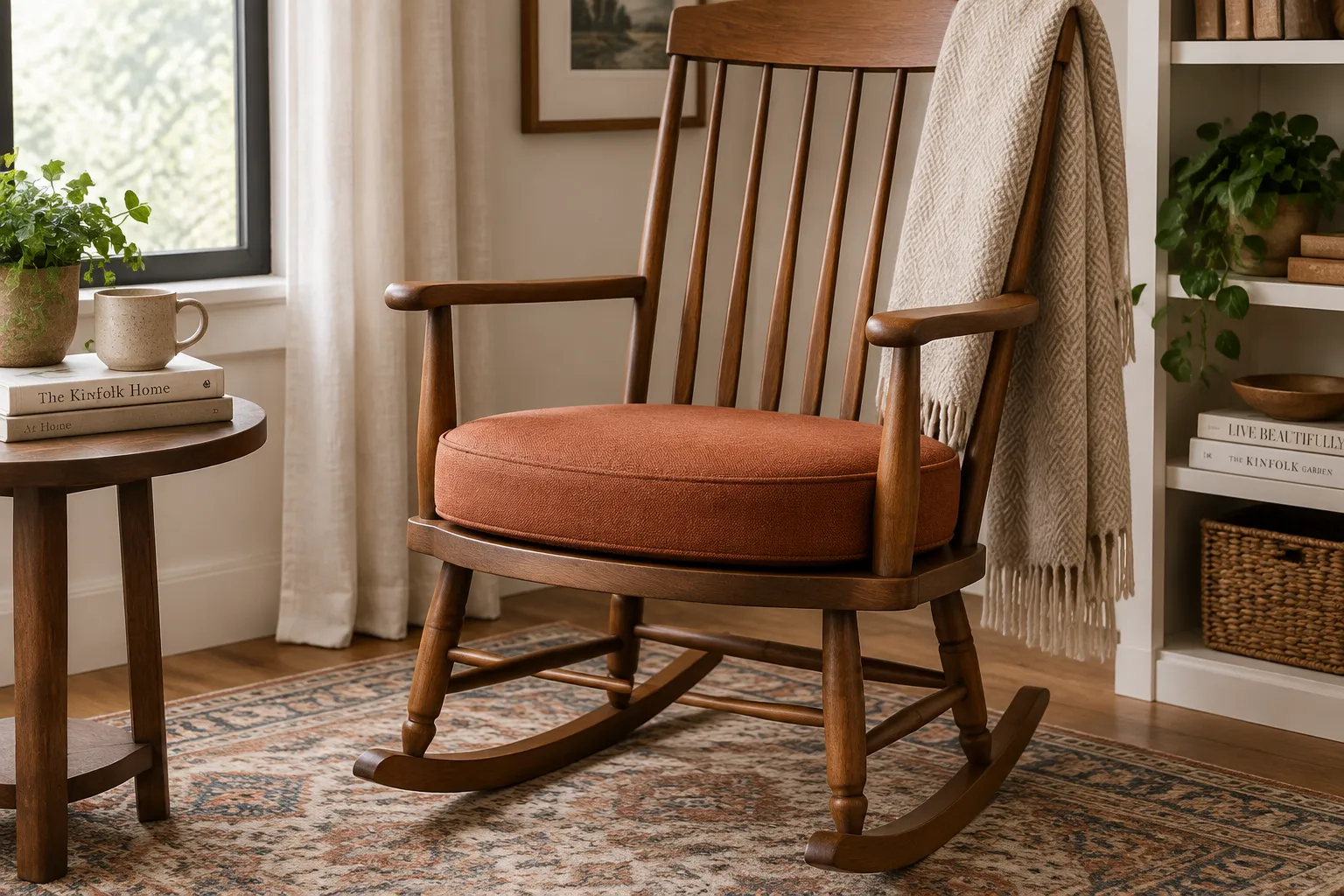 Custom D-shaped rocker cushion — flat back edge, semicircular front, resting loose on the wooden seat platform