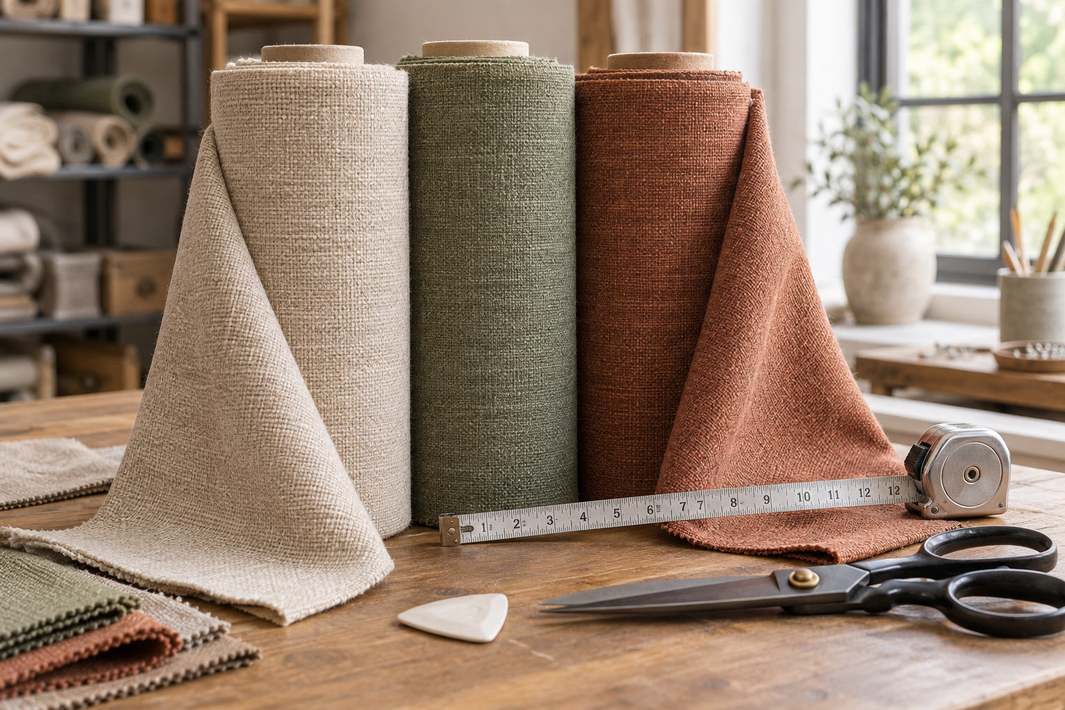 Rolls of upholstery fabric on a cutting table with a steel tape measure, tailor chalk and shears