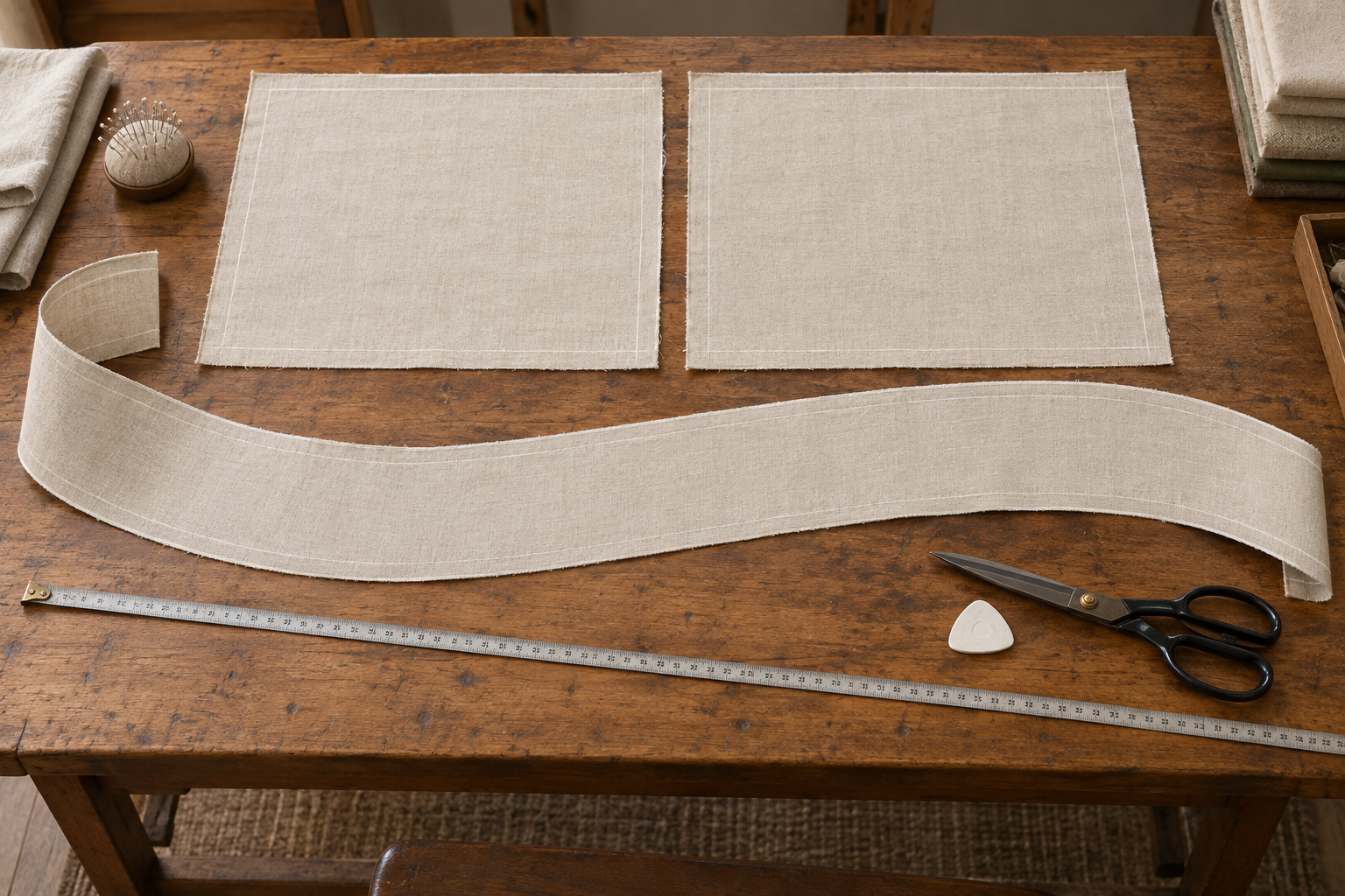 Box cushion pattern pieces on fabric: two face panels and one continuous side band strip