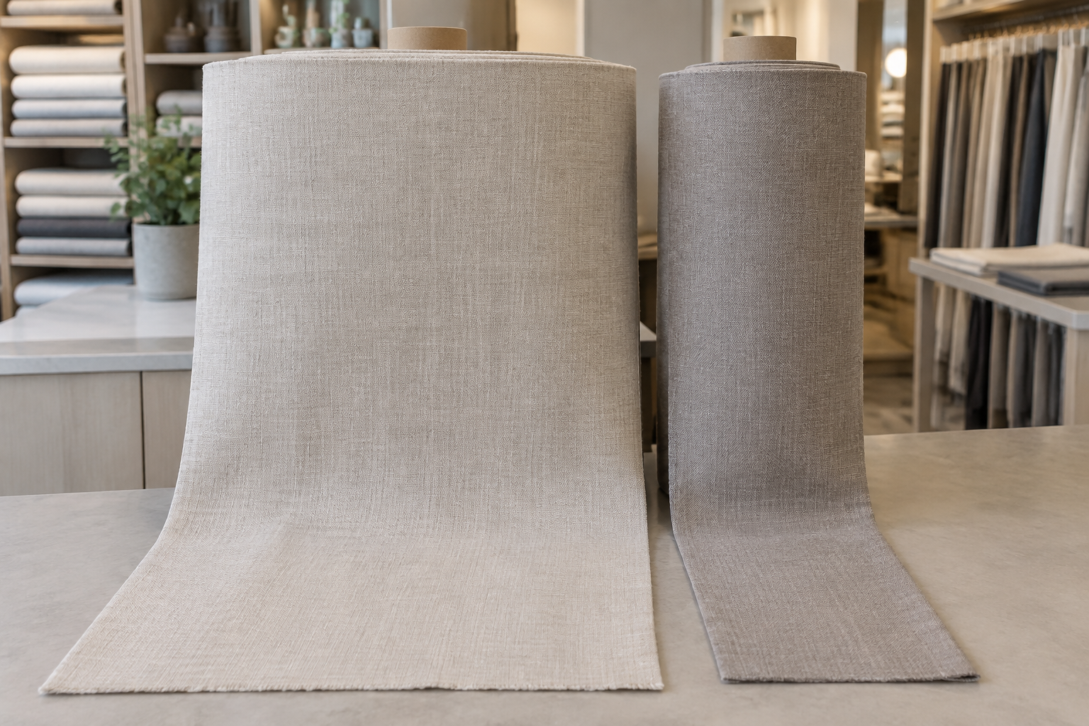 Two fabric bolts of different usable widths side by side at a fabric counter