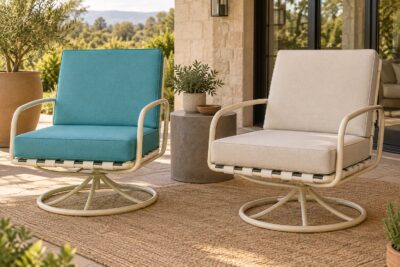 Vintage blond tubular-metal Homecrest style swivel rockers with new firm replacement cushions in turquoise and oatmeal