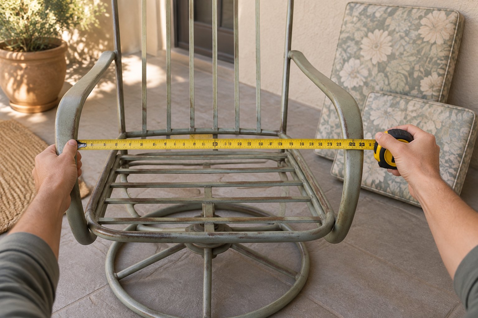 Tape measure across the round tubular steel seat frame of a vintage patio swivel rocker