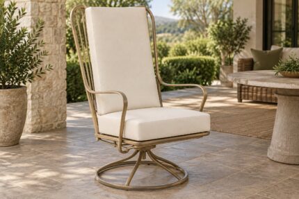 Vintage wire-frame high-back patio swivel rocker with new tall back pad and seat pad in cream