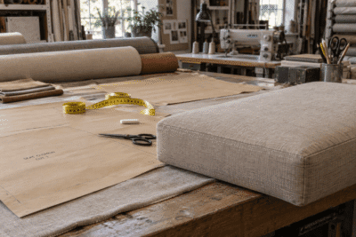 Cushion workshop cutting table with fabric rolls, patterns and a finished box cushion