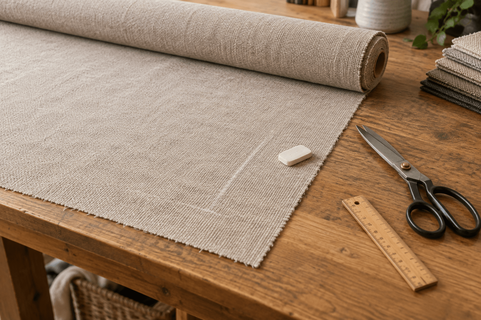 A yard of upholstery fabric on a cutting table with tailor chalk and scissors