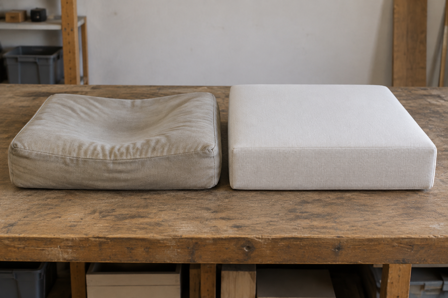 An old compressed sagging foam core beside a new firm high-density core of the same size on a workbench