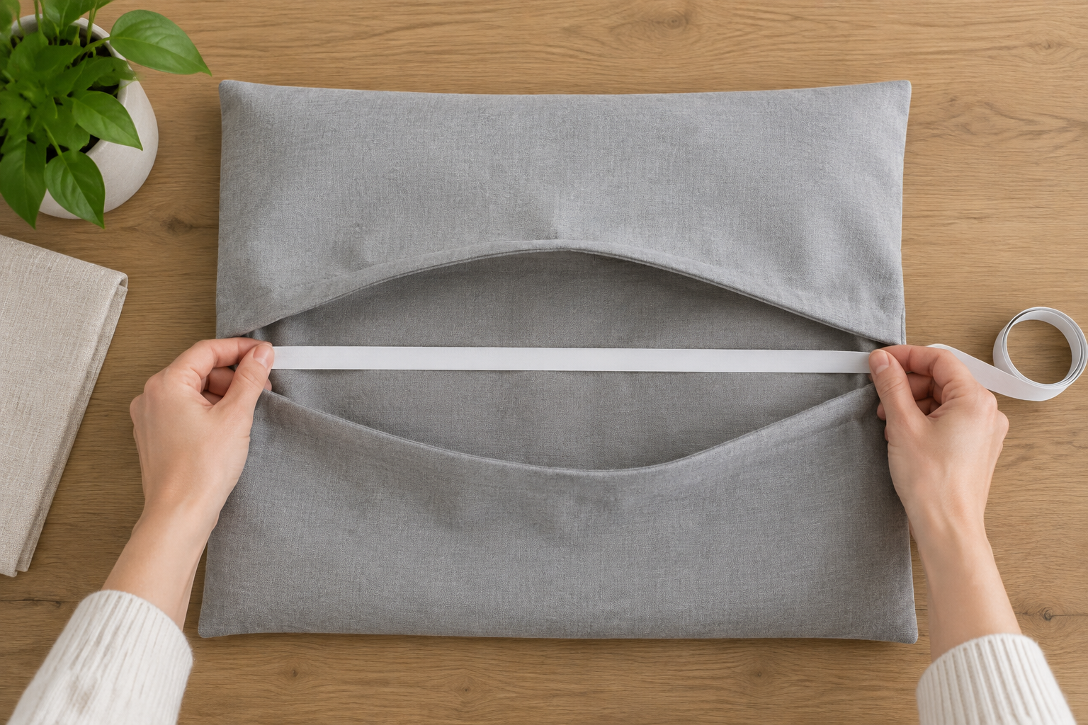 Measuring the interior seam-to-seam width of a flat opened cushion cover with a cloth tape