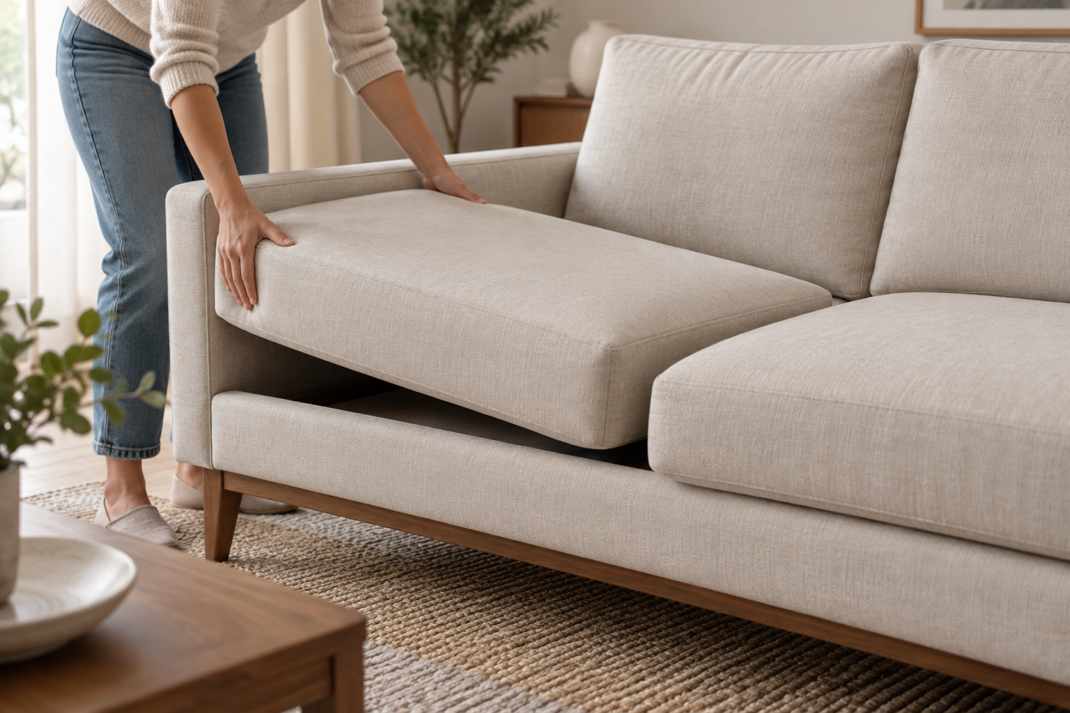 Hands pressing a firm new foam core into a fabric cover on a sofa seat, no tools needed