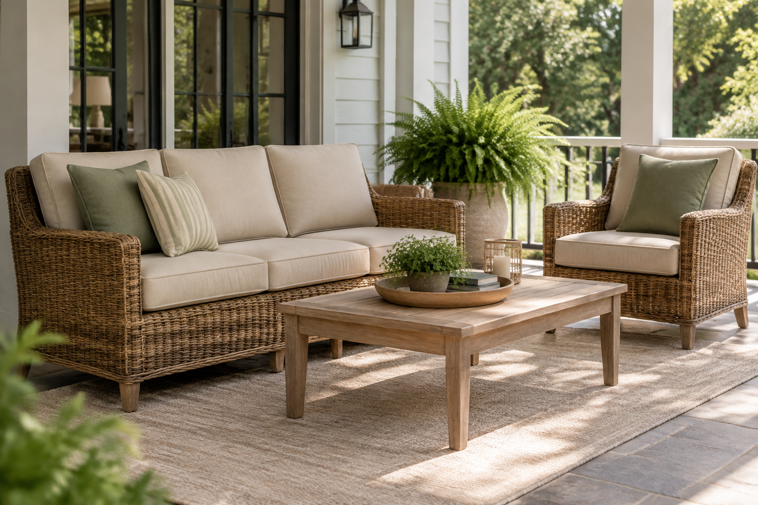 Lloyd Flanders style loom-wicker deep-seat sofa with firm custom replacement cushions in oatmeal solution-dyed acrylic