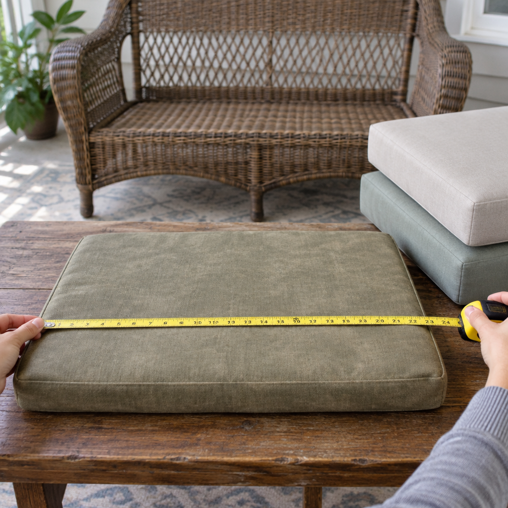 Measuring a loom-wicker loveseat seat cushion edge to edge with a tape measure