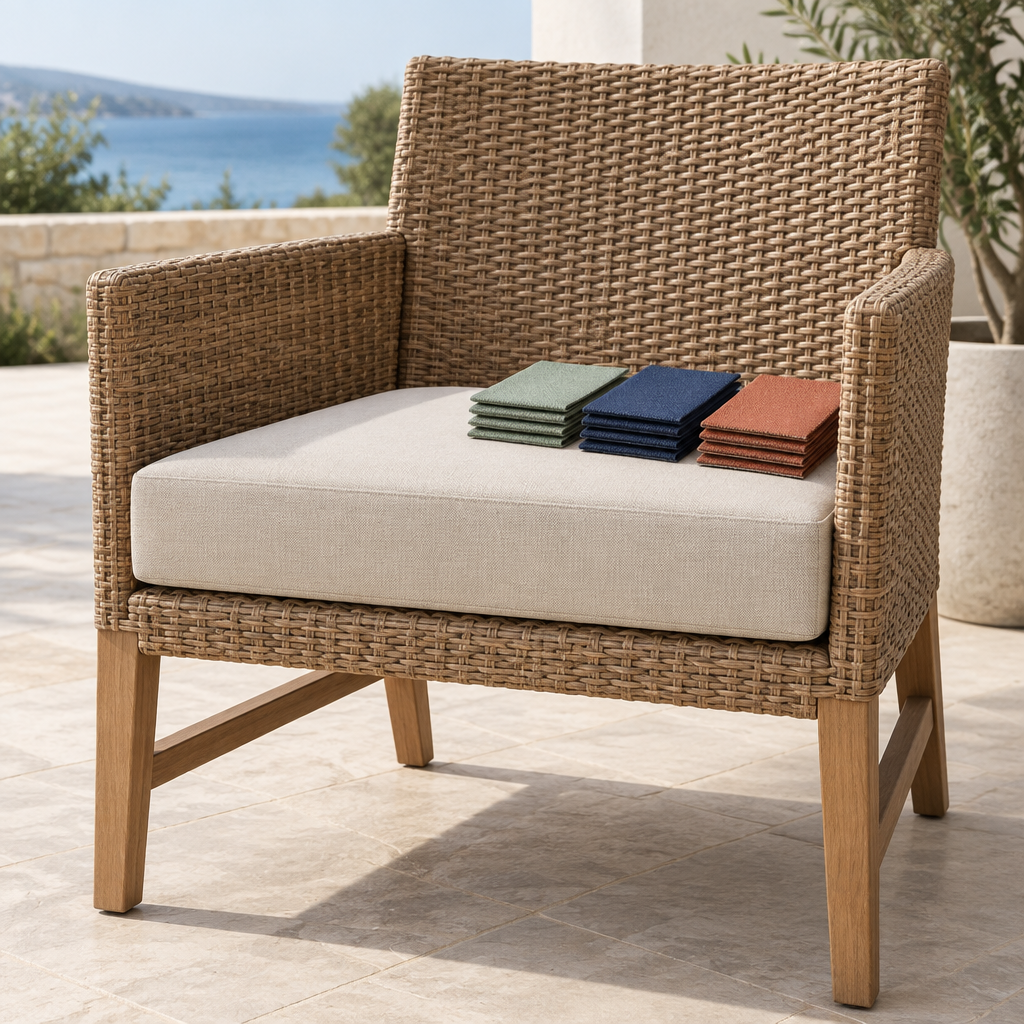Firm custom seat cushion with sage, sand and terracotta fabric swatch cards