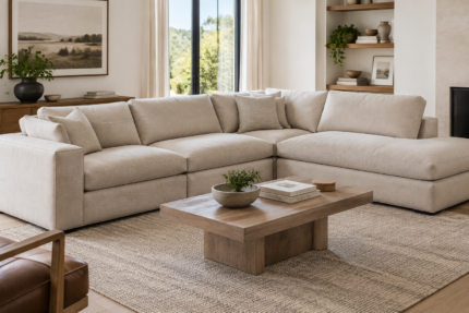 Modular sectional sofa with thick firm custom replacement seat cushions and back pillows in oatmeal linen