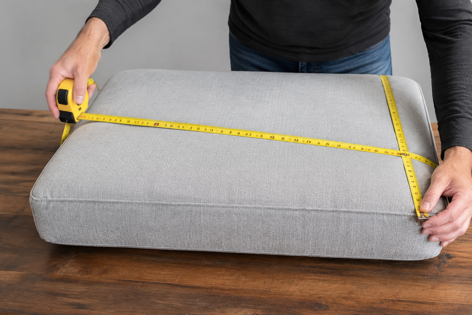 Measuring a Sactional seat cushion insert — width, depth and thickness of the 35 by 29 by 8 inch block