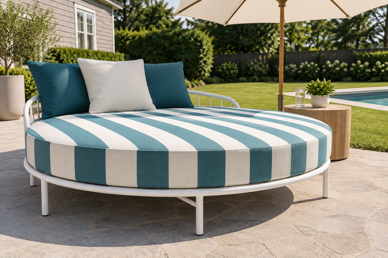 Round double patio lounger with a fresh custom round cushion in striped outdoor fabric