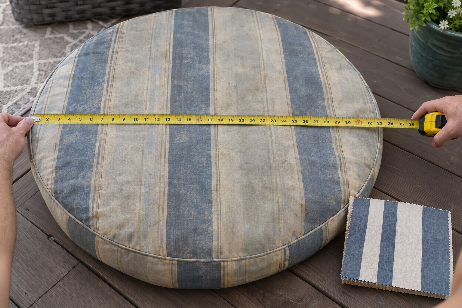 Measuring the diameter of a large faded round lounger cushion with a tape measure