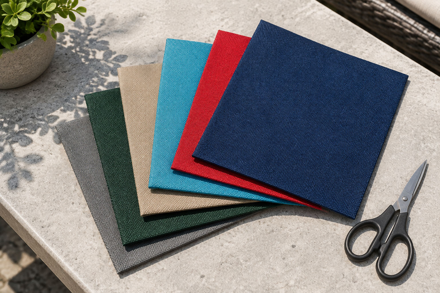 Outdoor fabric swatch squares stacked on a patio table beside scissors