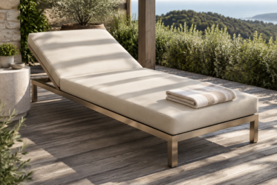 Thick outdoor daybed cushion lying on a lounge frame under a pergola