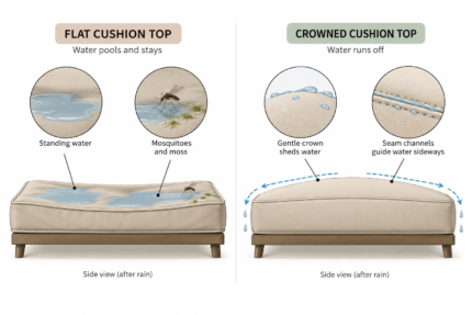 Rain pooling versus shedding on outdoor daybed cushions side by side