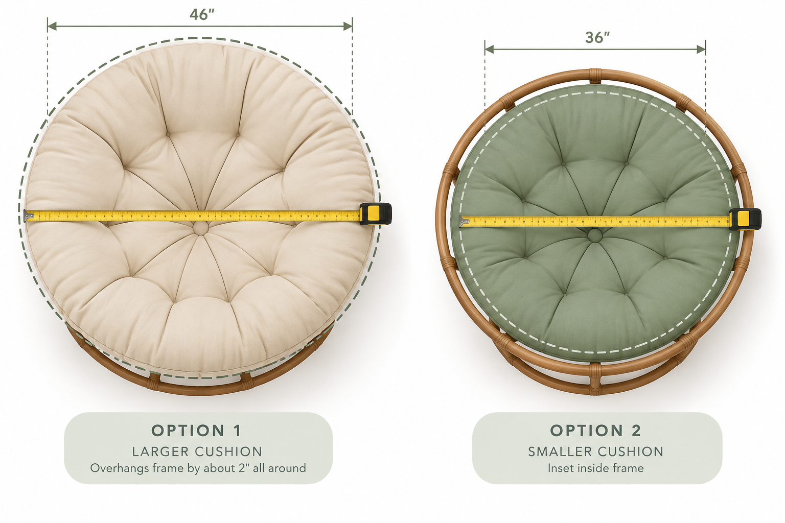 Overhang versus inset papasan cushion diameters, top-down comparison