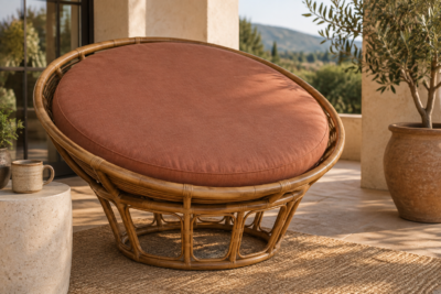 Round outdoor papasan cushion on a covered patio, custom cut to the bowl diameter