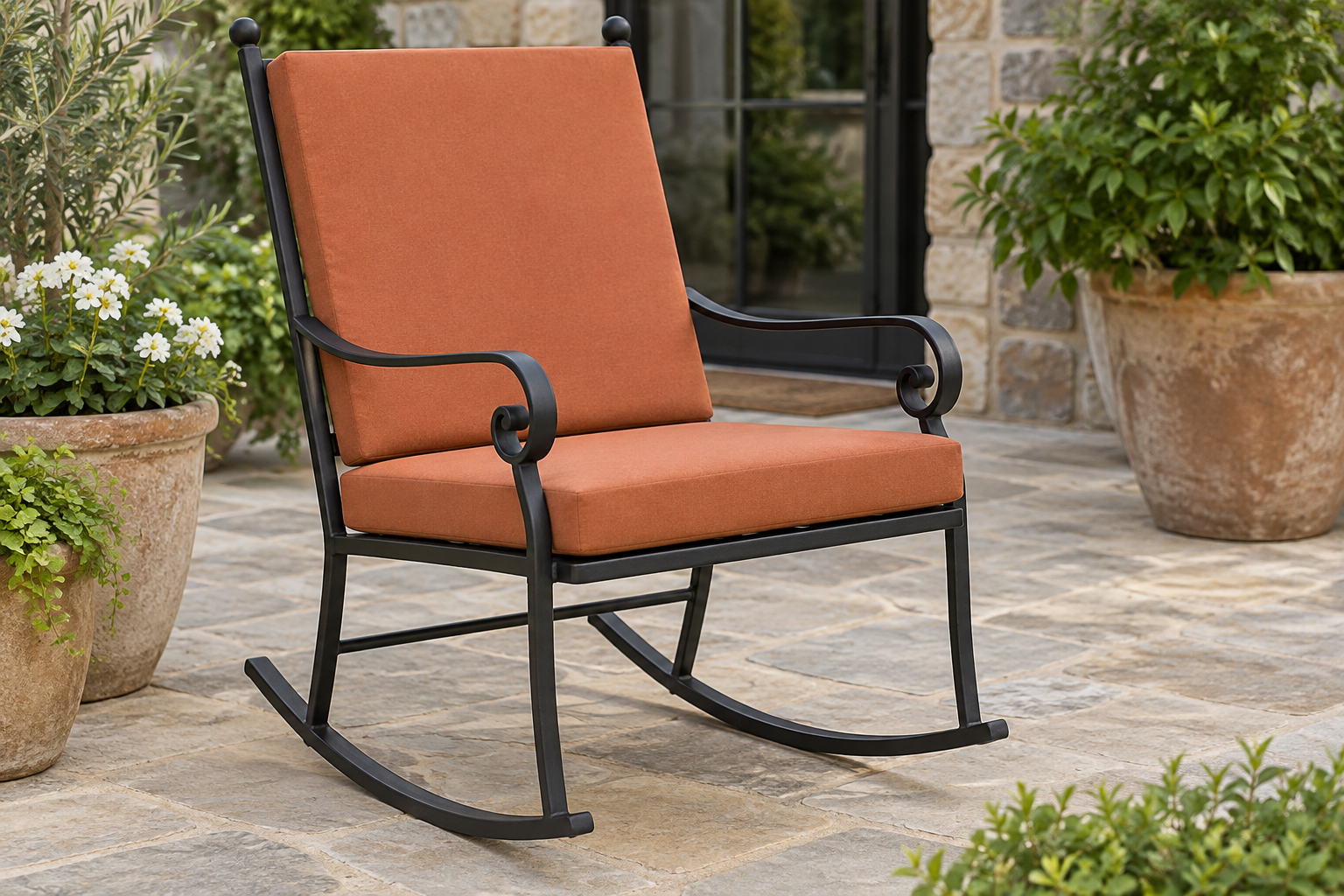 Wrought iron rocking chair with slim custom cushions