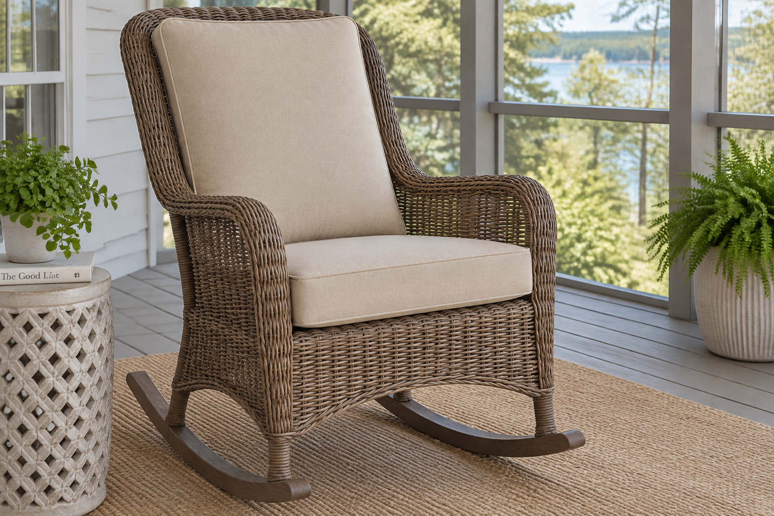 Wicker porch rocker with custom outdoor cushions