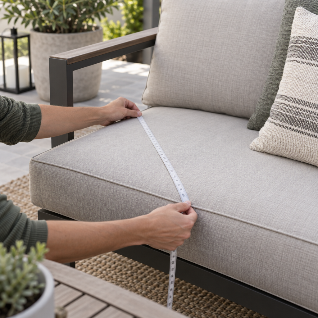 Measuring an Azalea Ridge dining seat cushion — 22.44 by 22.36 by 4.4 inches per the Walmart listing