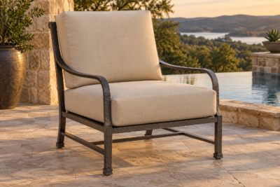 Premium hand-forged aluminum deep-seating patio lounge chair with firm custom replacement cushions in sand solution-dyed acrylic