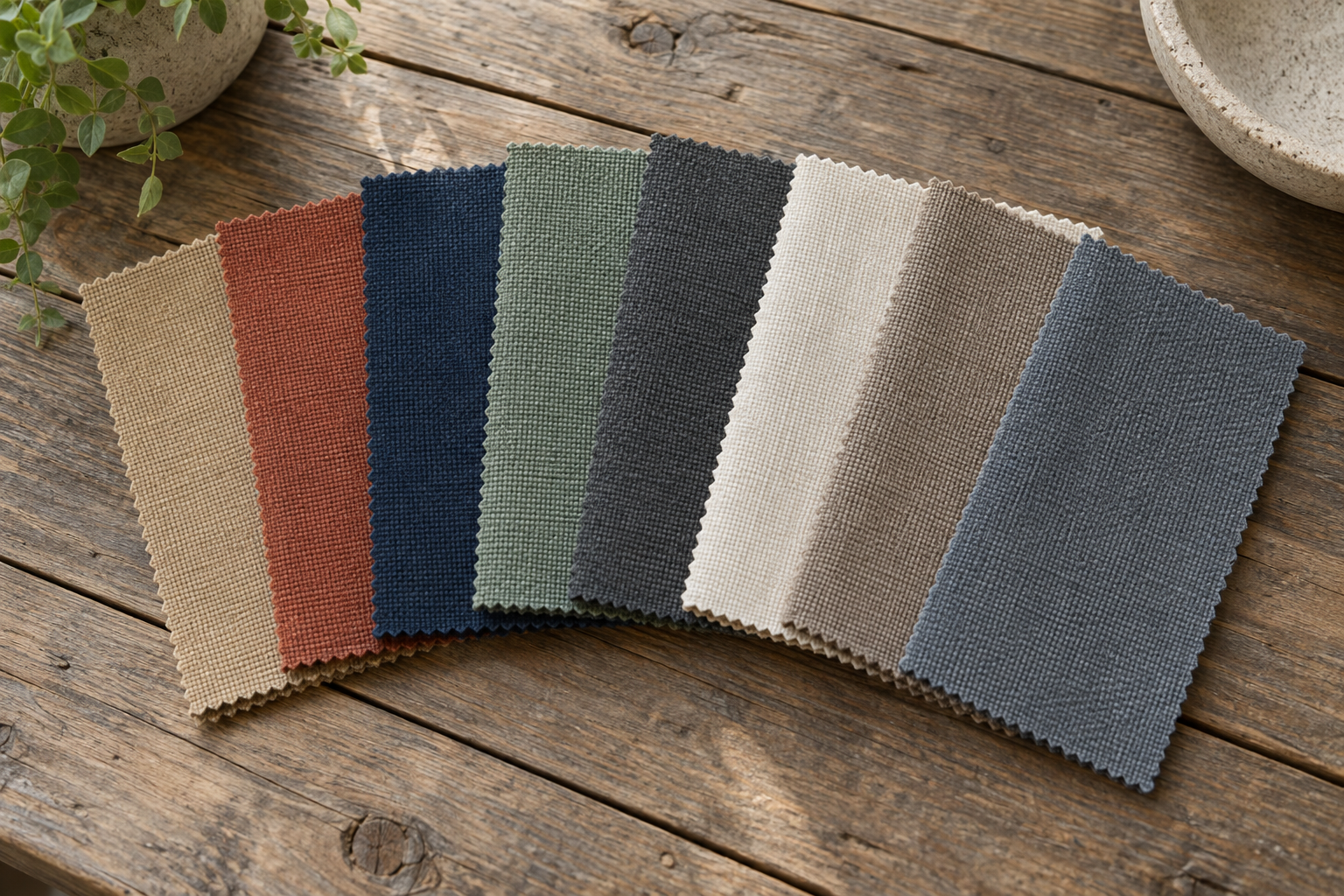 Outdoor performance fabric swatch cards fanned out on a cedar table
