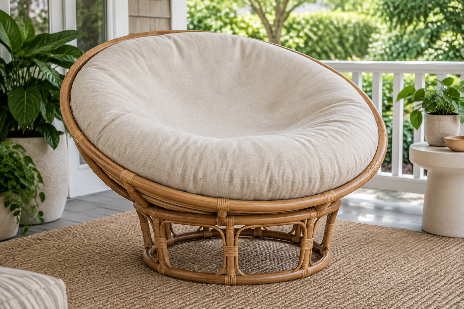 Thick custom round papasan cushion in oatmeal fabric resting in a rattan bowl chair on a covered porch