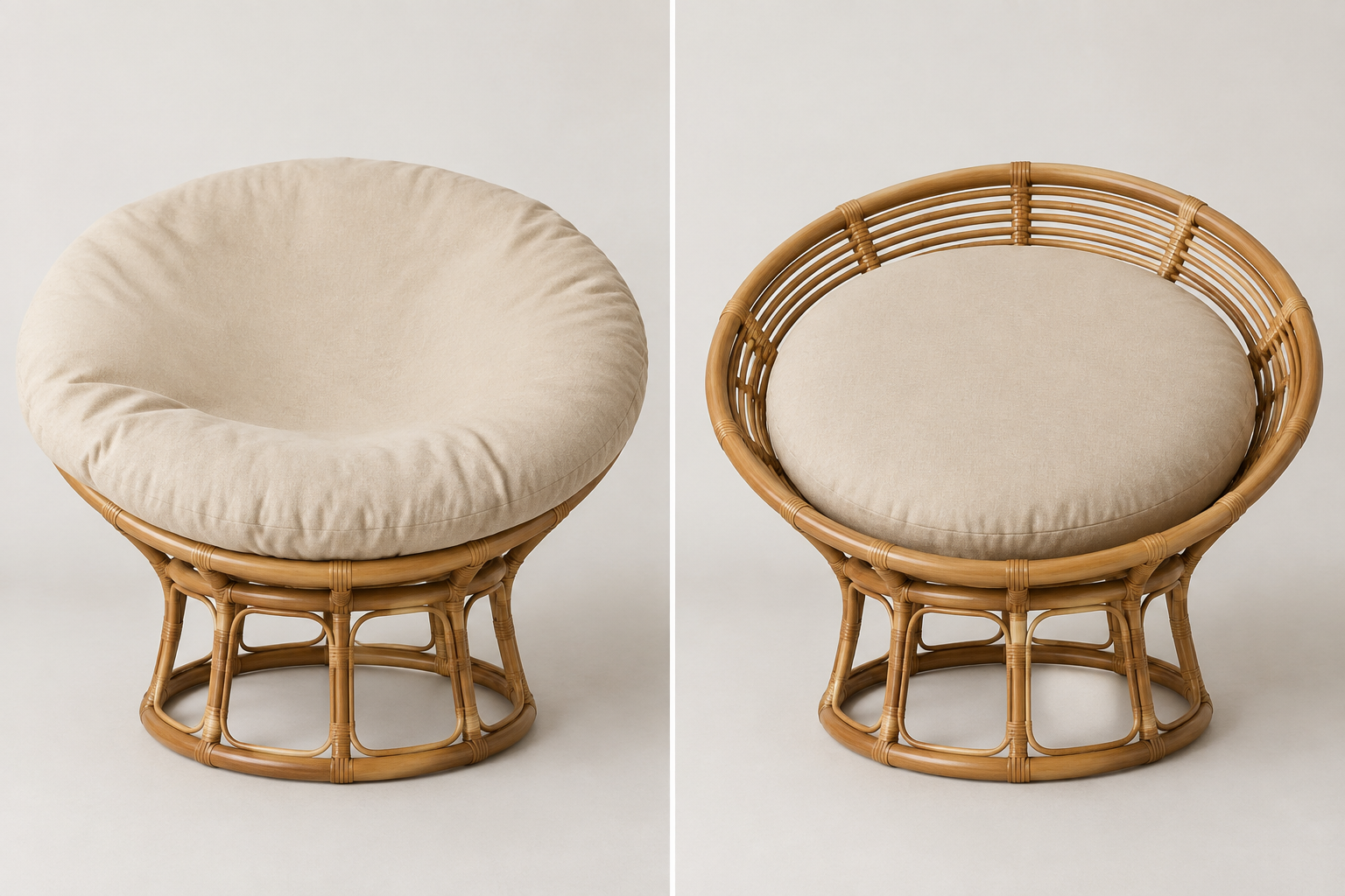 Side by side comparison of an overhang papasan round draping the wicker rim and a smaller inset round sitting inside the bowl