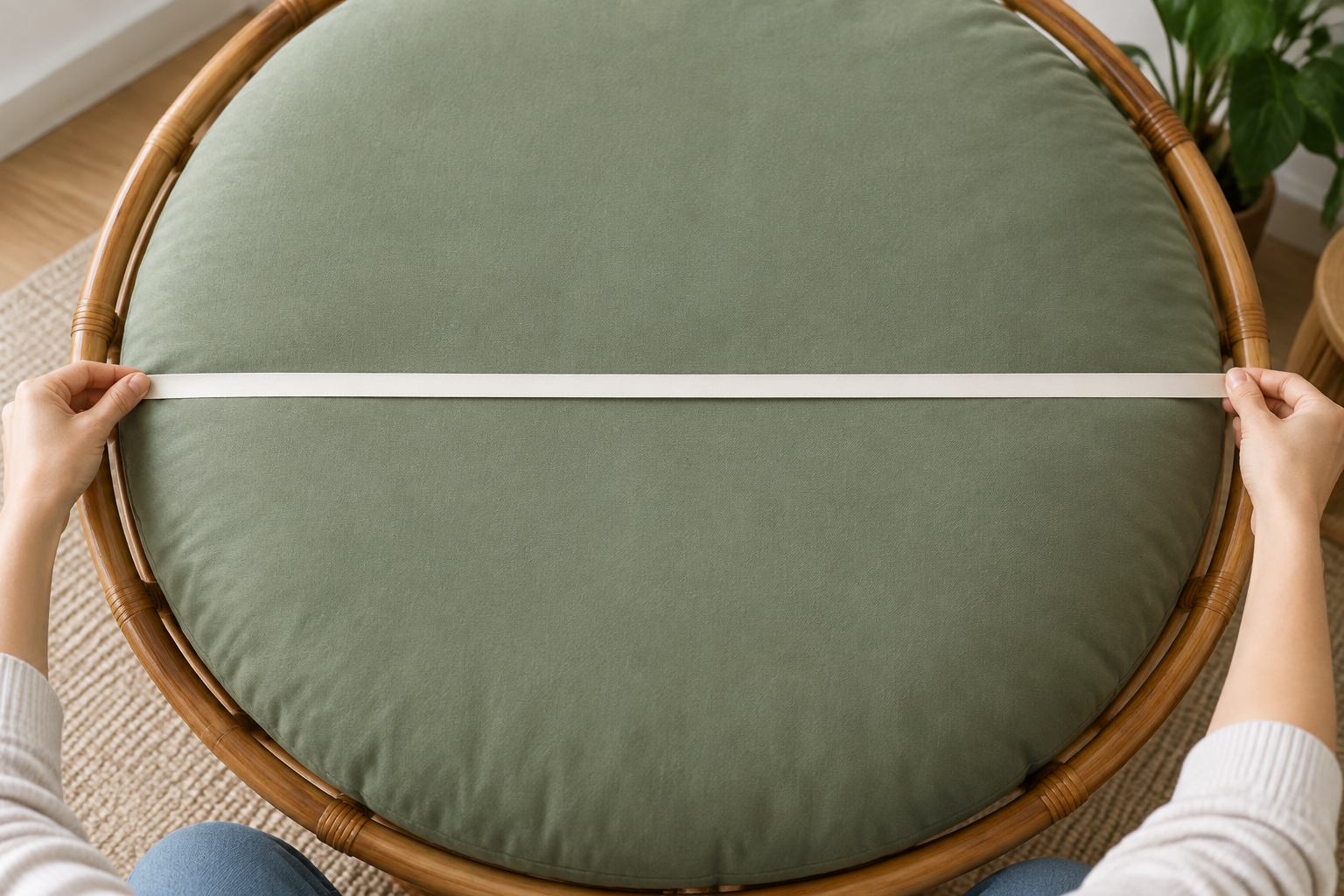 Measuring the diameter of a round papasan cushion across the center with a cloth tape