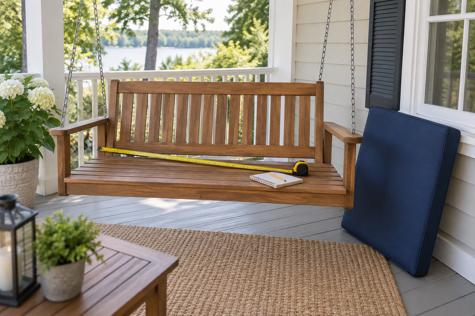 Measuring tape across porch swing seat slats