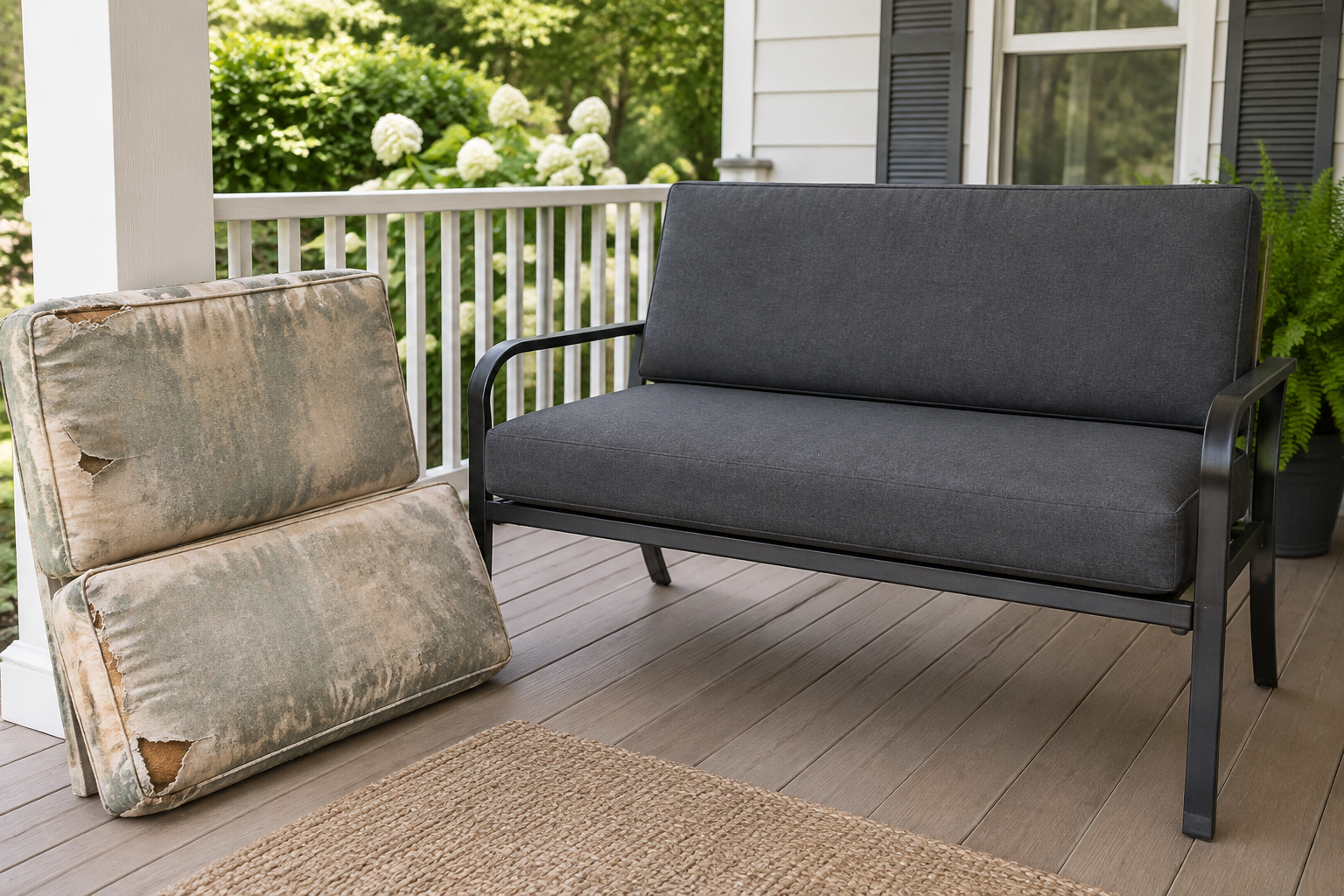 Worn old swing cushion next to a new replacement cushion