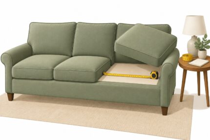 Pottery Barn sofa with a seat cushion lifted and a measuring tape on the seat deck
