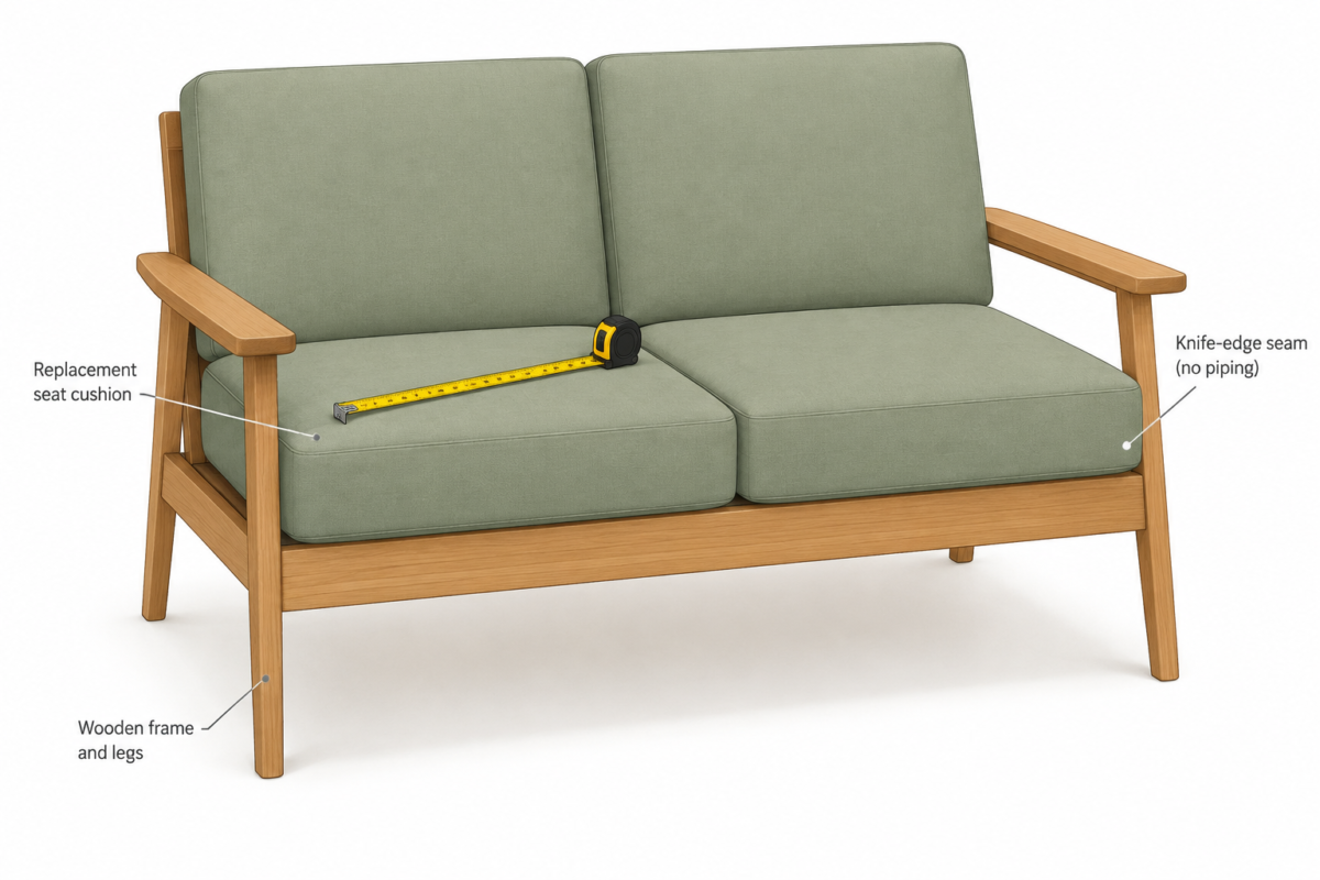 Two-seat settee with visible wooden legs and frame, two separate replacement seat cushions with knife-edge flat seams and square corners, measuring tape on one seat