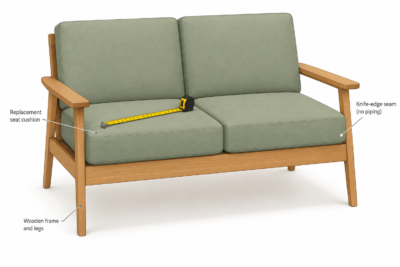 Two-seat settee with visible wooden legs and frame, two separate replacement seat cushions with knife-edge flat seams and square corners, measuring tape on one seat