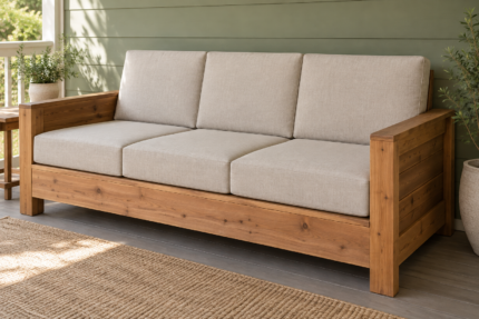 This End Up style cedar crate sofa with firm custom replacement cushions in oatmeal fabric