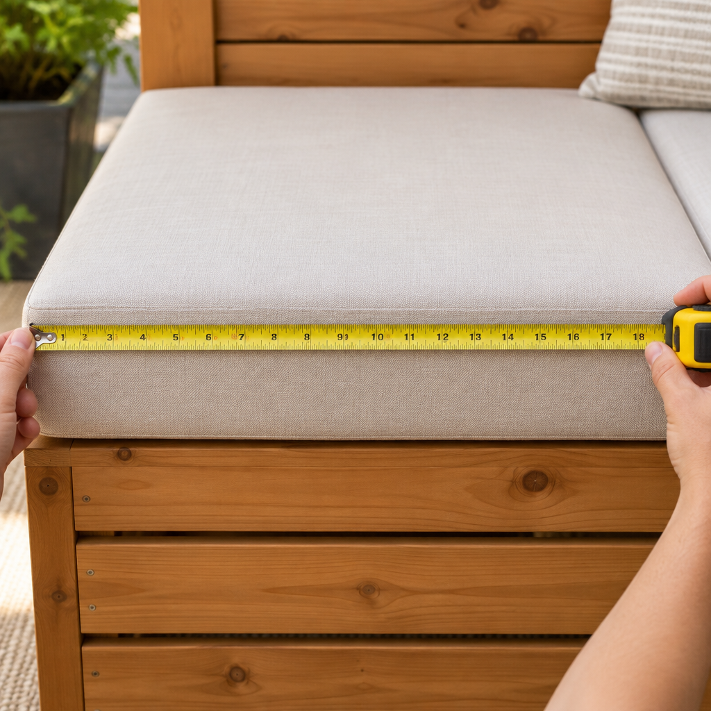 Measuring a crate-style seat cushion edge to edge with a tape measure