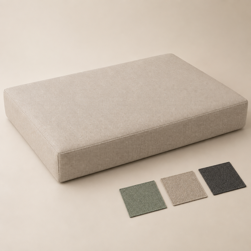 Firm custom seat cushion with sage, sand and charcoal fabric swatches