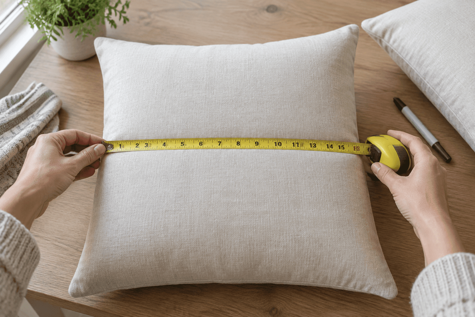 Hands measuring a throw pillow cover seam to seam with a tape measure laid flat across the center