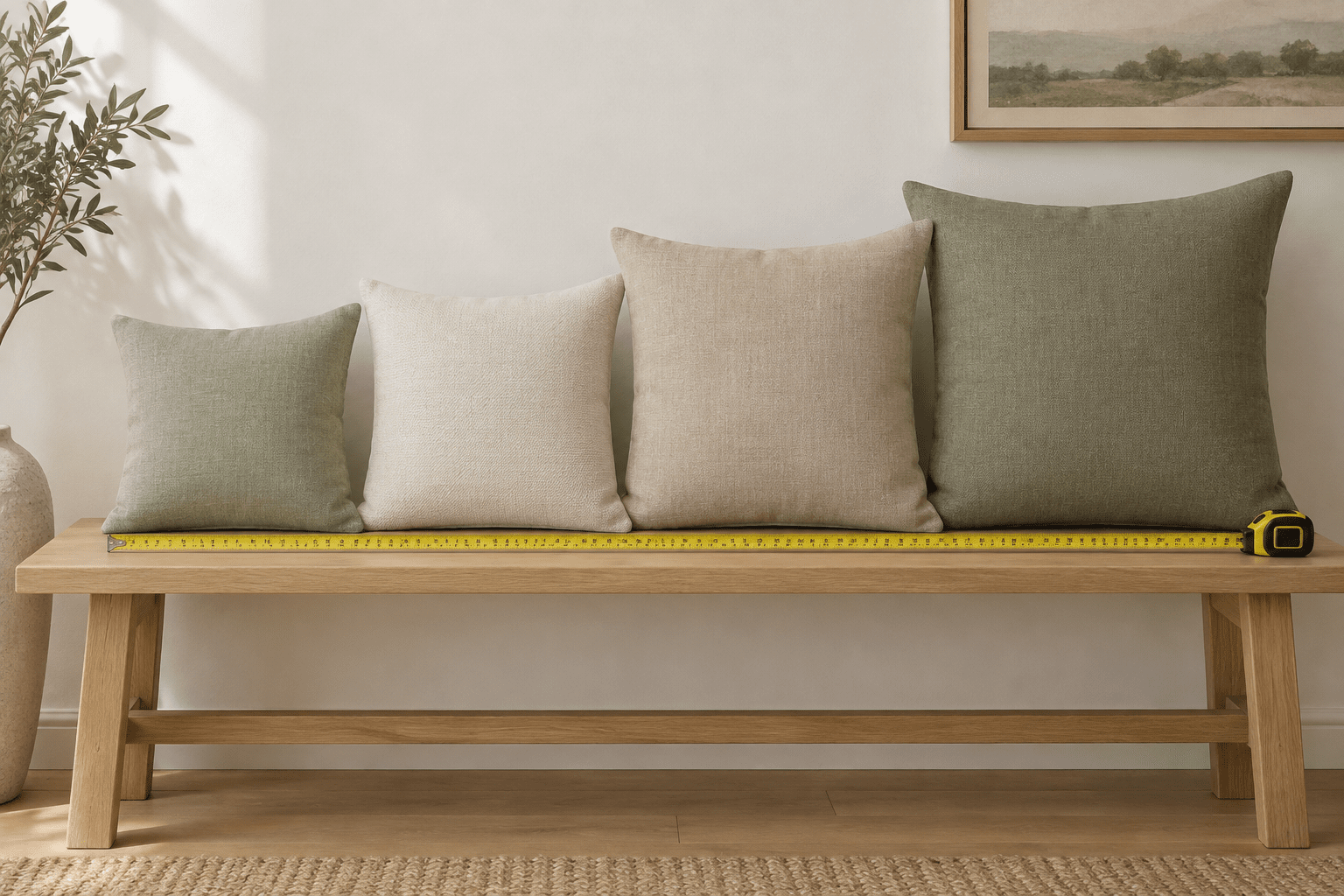 Four square throw pillows from 16 to 22 inches lined up on a bench with a measuring tape
