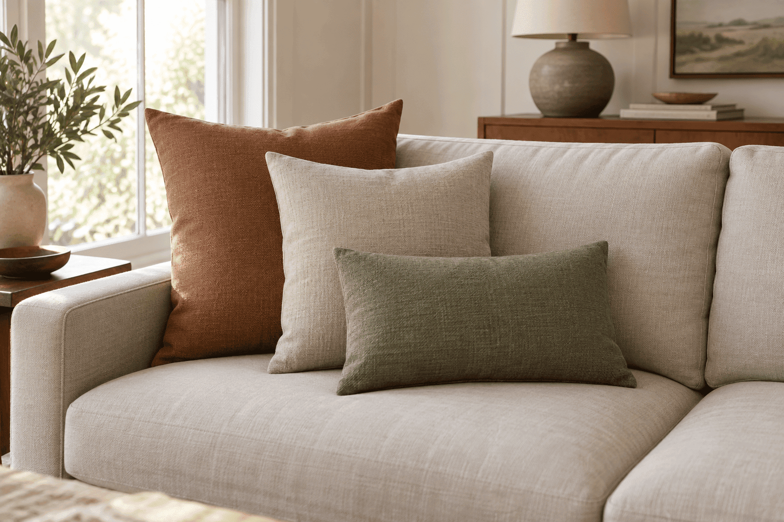 Sofa styled with layered throw pillows: large square, smaller square and a lumbar in front