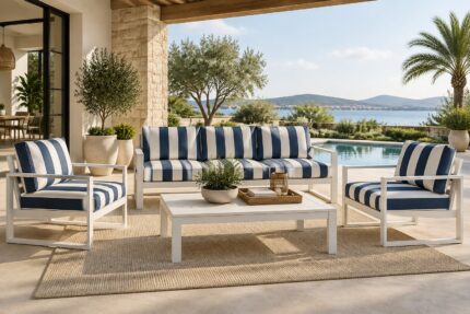 Resort-style aluminum lounge seating by a pool with fresh replacement cushions in white and navy