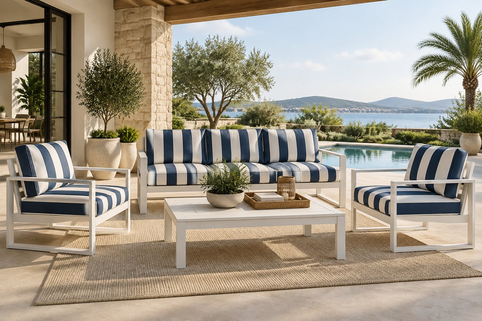 Resort-style aluminum lounge seating by a pool with fresh replacement cushions in white and navy