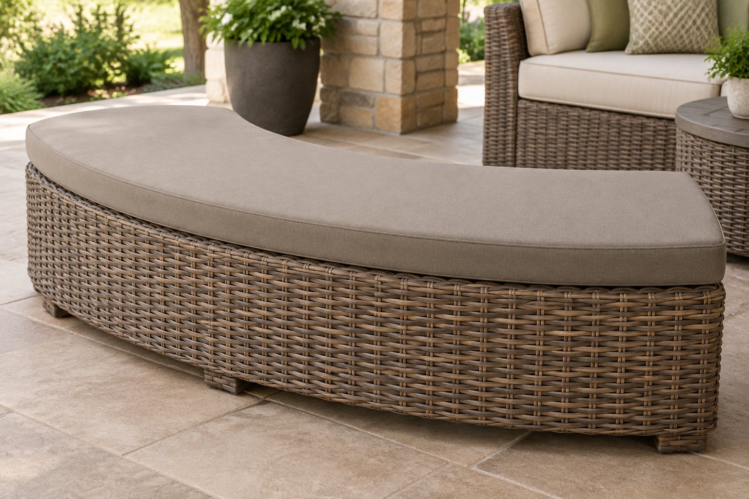 Curved crescent wicker ottoman with a new firm replacement cushion fitted over the weave