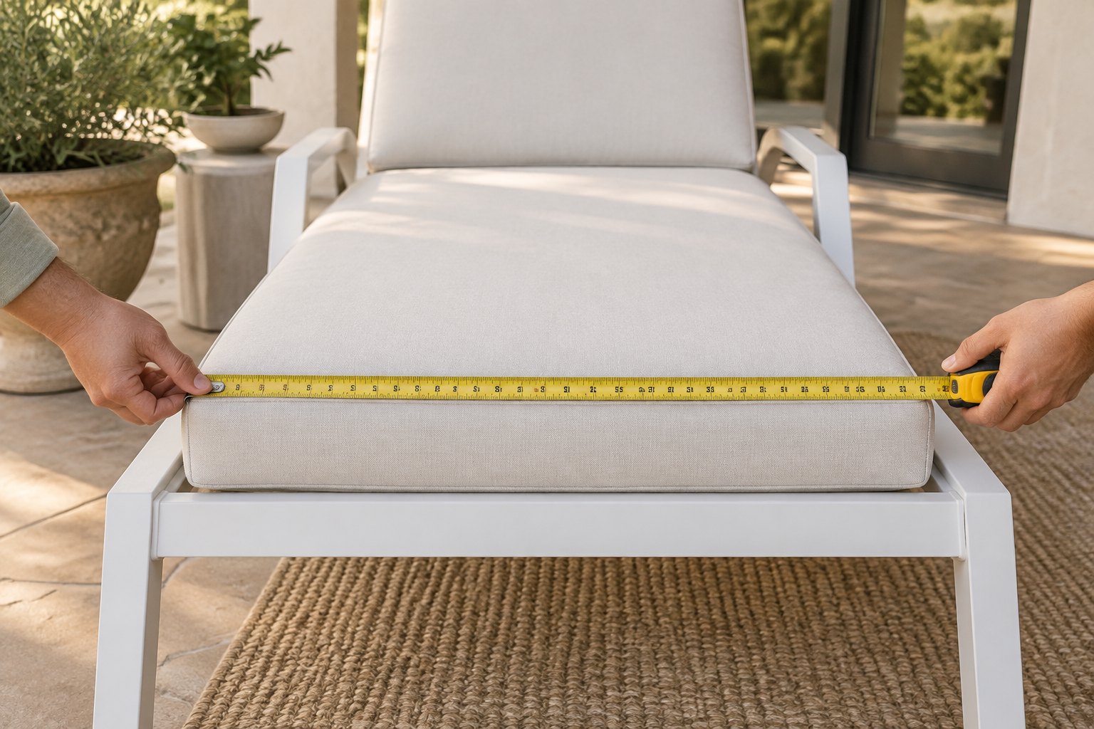 Tape measure along the seat width of a white aluminum chaise lounge frame with flat cushion