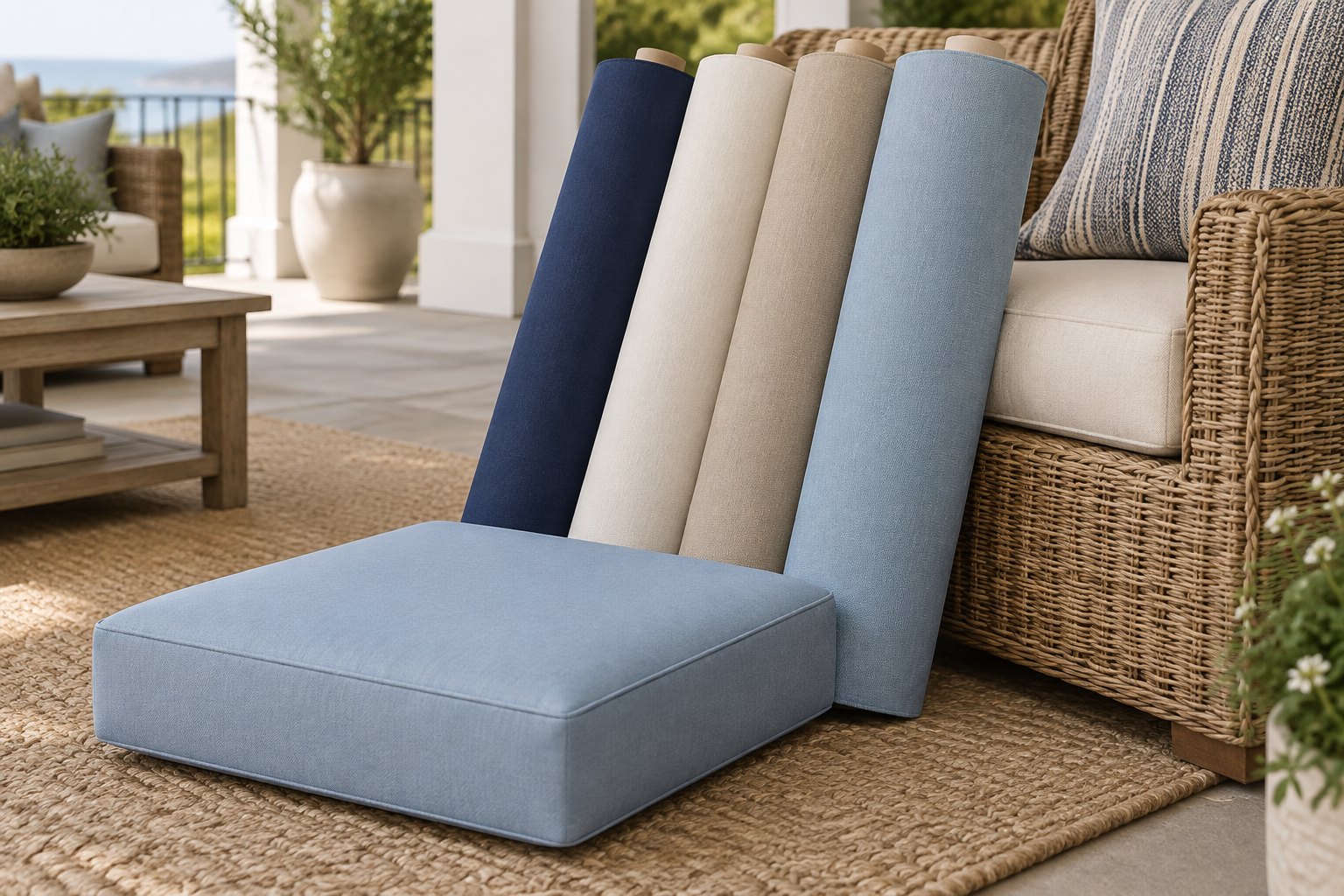 Rolls of solution-dyed acrylic outdoor cushion fabric in navy under open sky